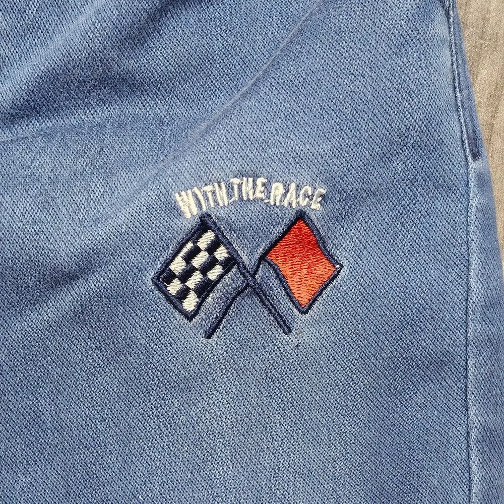 BABE BABY BLUE DENIM SUSPENDER SHORTS – TODDLER XL –  “WIN THE RACE” EMBROIDERED